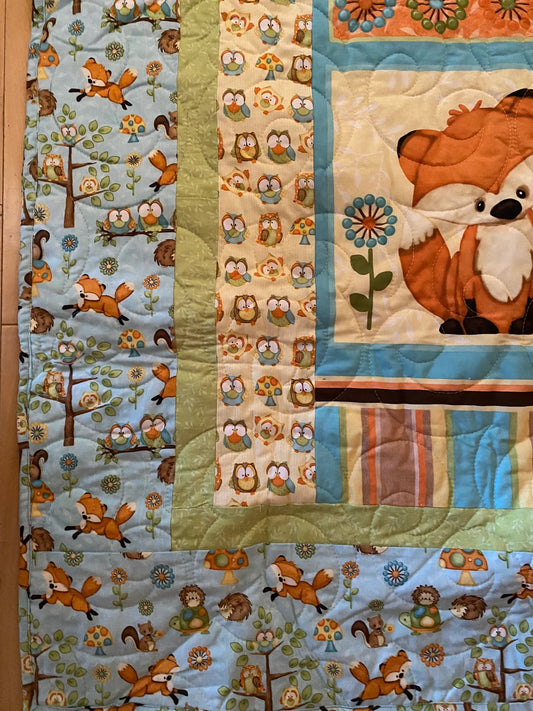 Forest Animals 42" x 56", Crib Quilt, Toddler Quilt, Hedgehog Squirrel Fox Owl