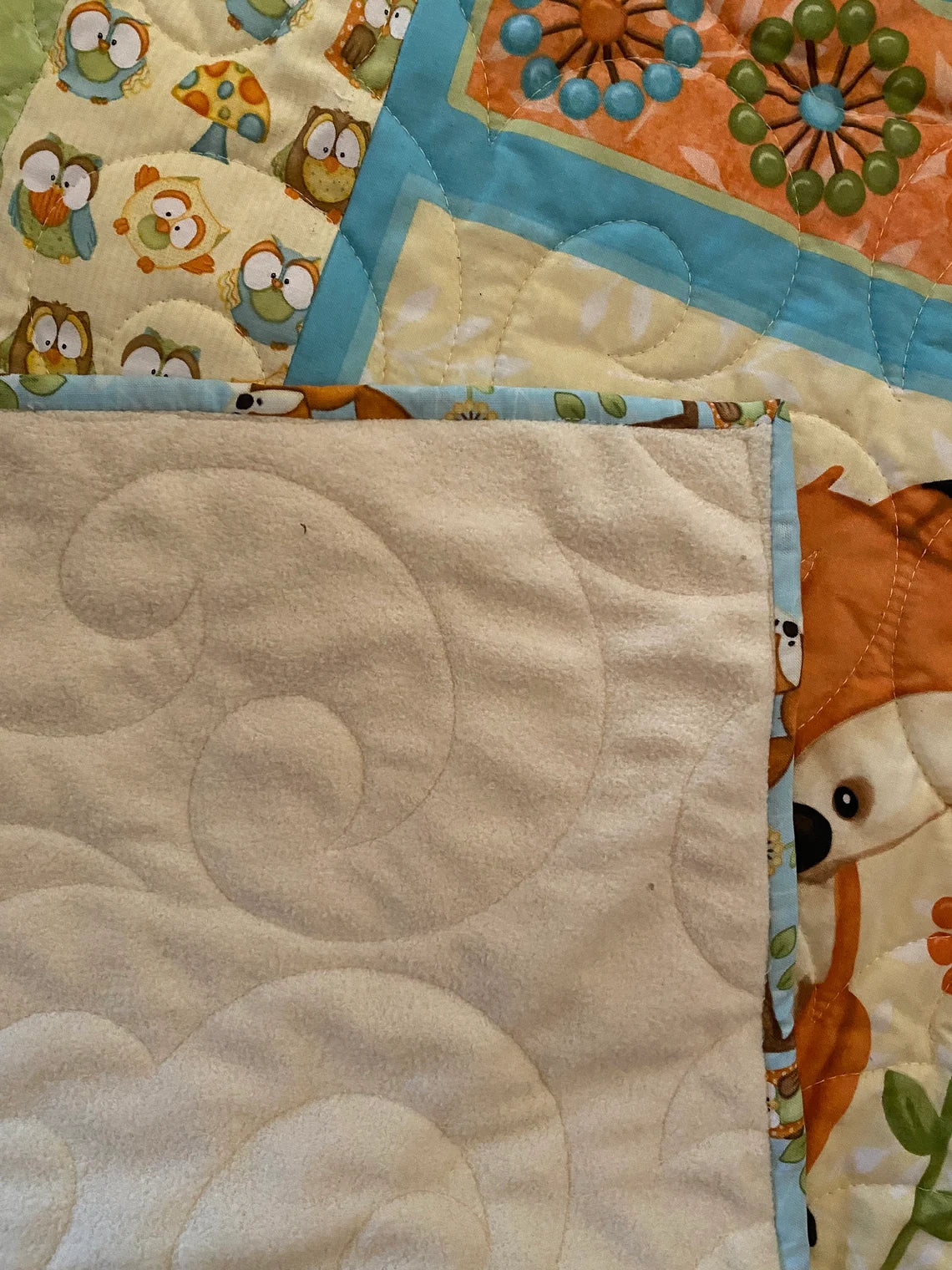 Forest Animals 42" x 56", Crib Quilt, Toddler Quilt, Hedgehog Squirrel Fox Owl