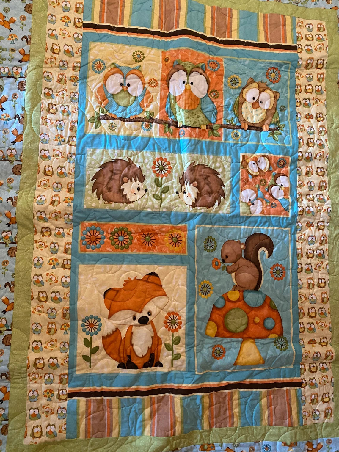 Forest Animals 42" x 56", Crib Quilt, Toddler Quilt, Hedgehog Squirrel Fox Owl