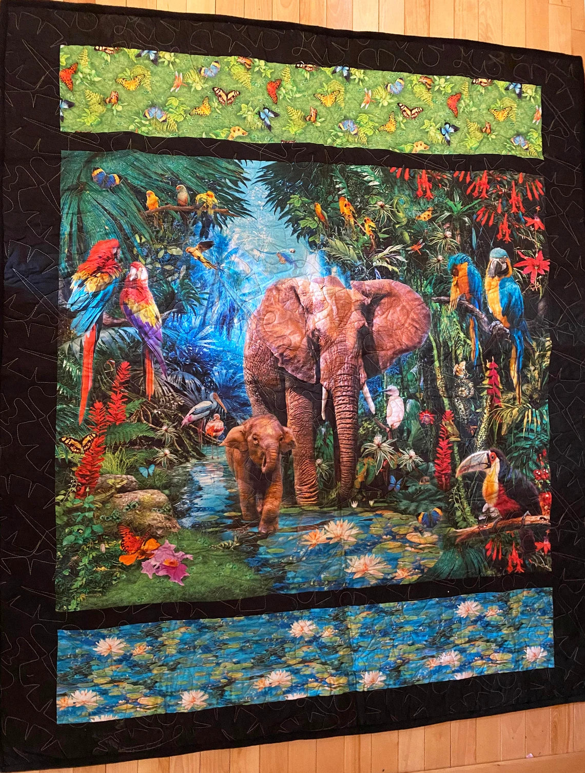 Elephant Lap 49"x24", Elephant Lovers Couch Quilt, Elephant Forest quilt, Black Minky Backing