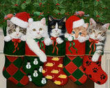 Kittie Stockings Fabric Panel 36"x44", Christmas Stockings with Cats Fabric Panel