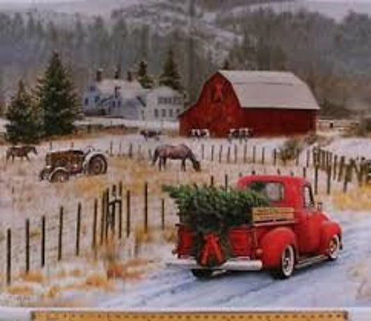 Red Truck Christmas Tree Fabric Panel 44" x 36", Country Christmas Memories, horse, antique tractors, red barn