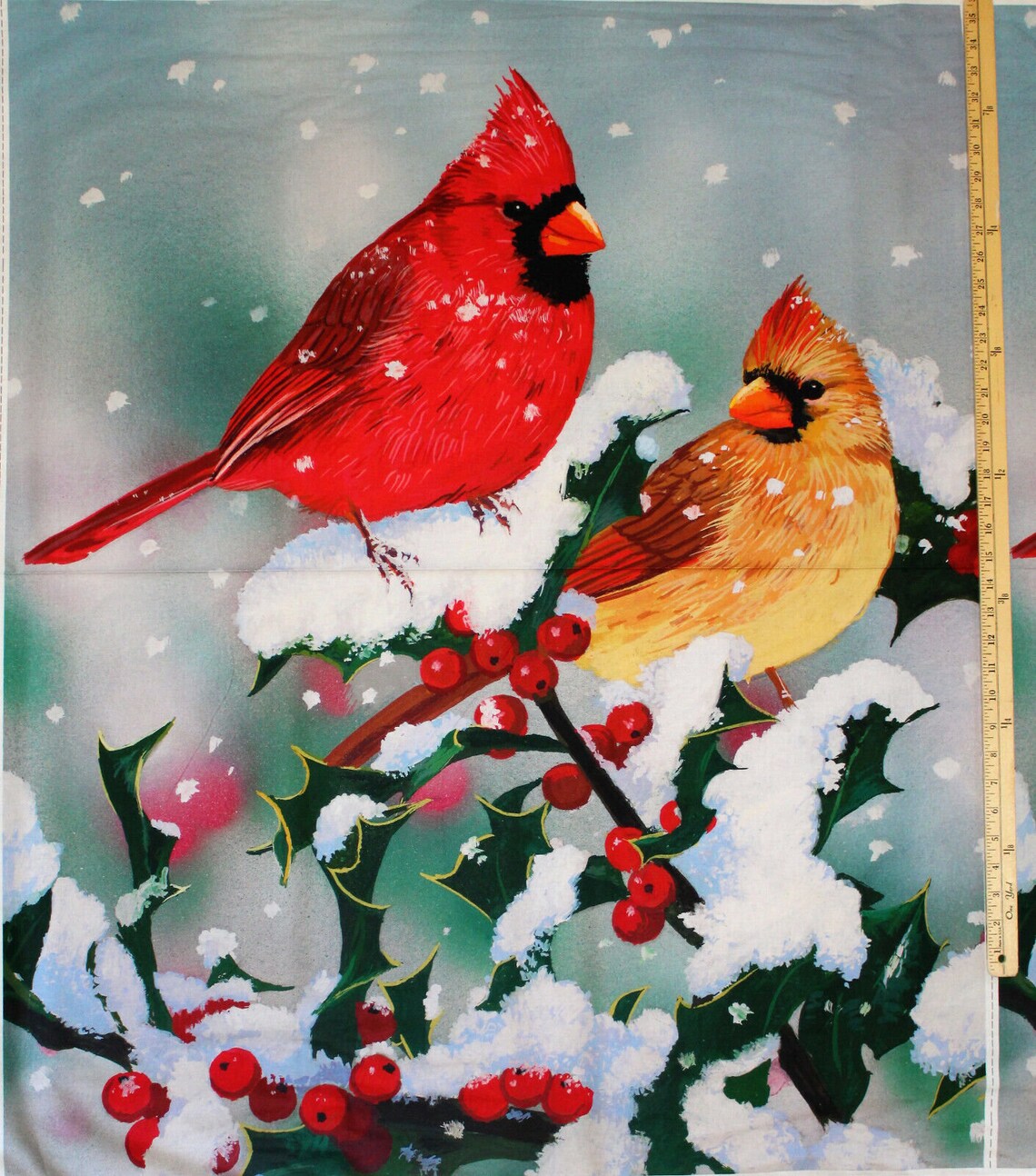 Winter Companions Fabric Panel 36"x44", Cardinal Branch AL-3546 Fabric Panel by David Textiles