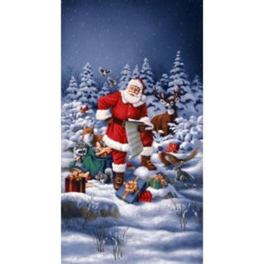 Santa with Forest Friends 24"x43", Good Tidings fabric panel by RJR, Christmas Fabric Panel