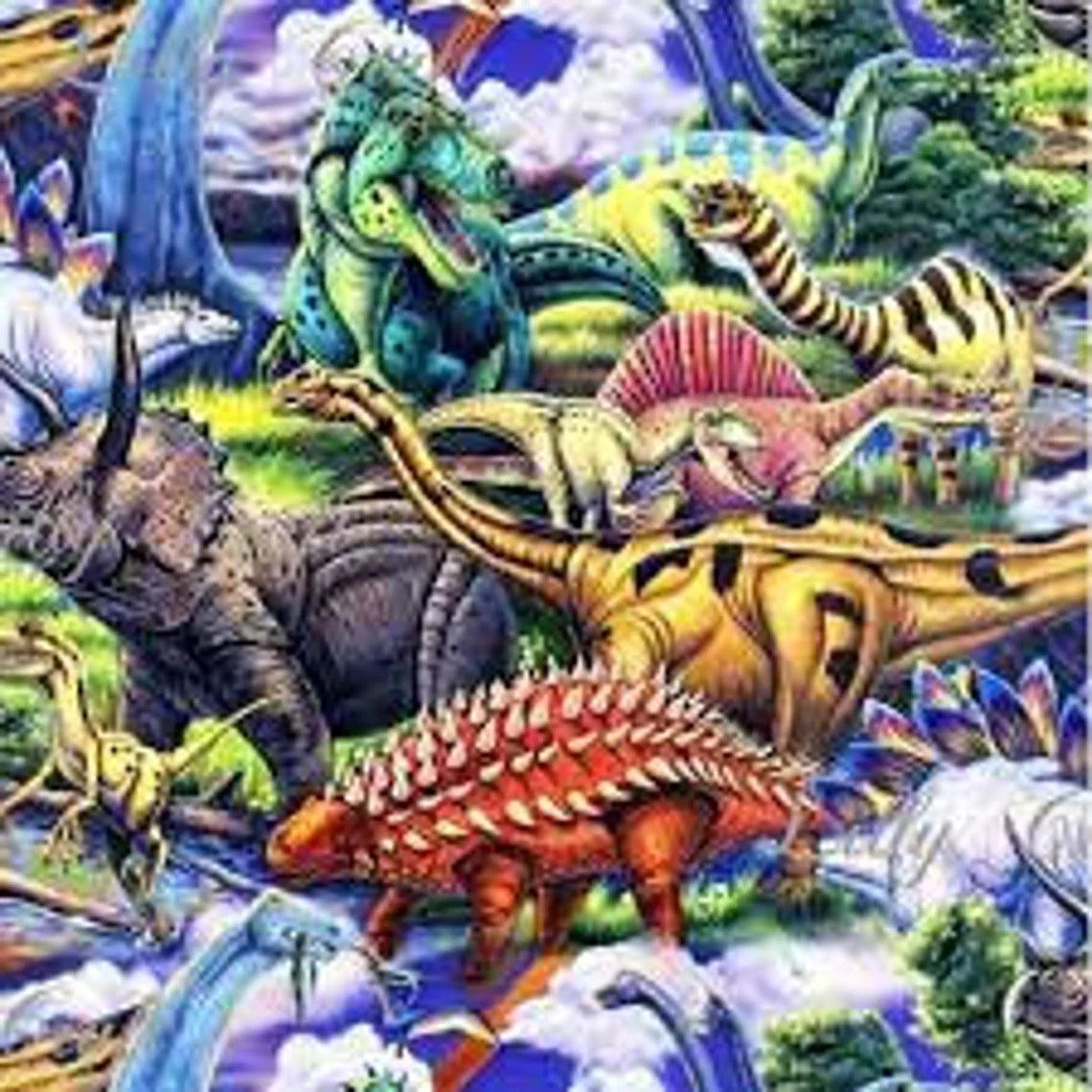 Dino World Dinosaur Allover Scene, Digitally Printed, Matching Panel available, Sold by the Yard, David Textiles