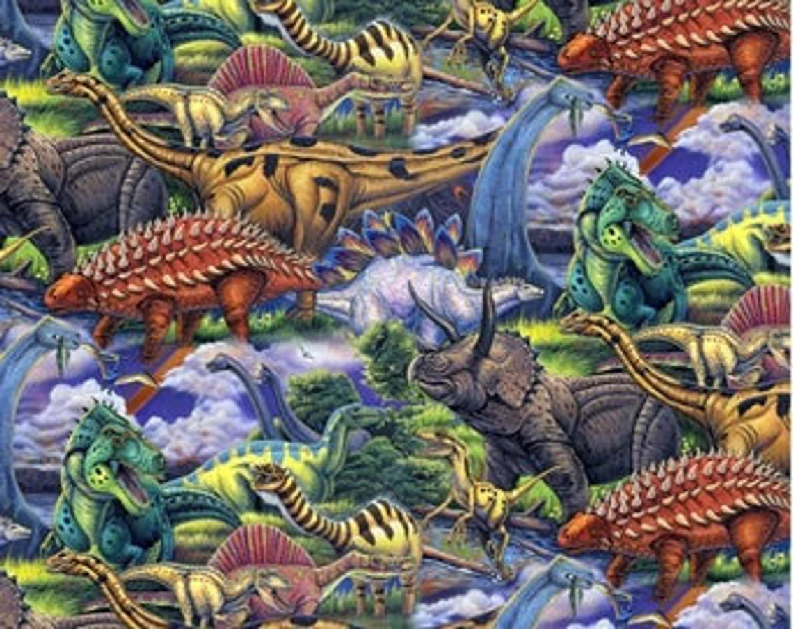 Dino World Dinosaur Allover Scene, Digitally Printed, Matching Panel available, Sold by the Yard, David Textiles