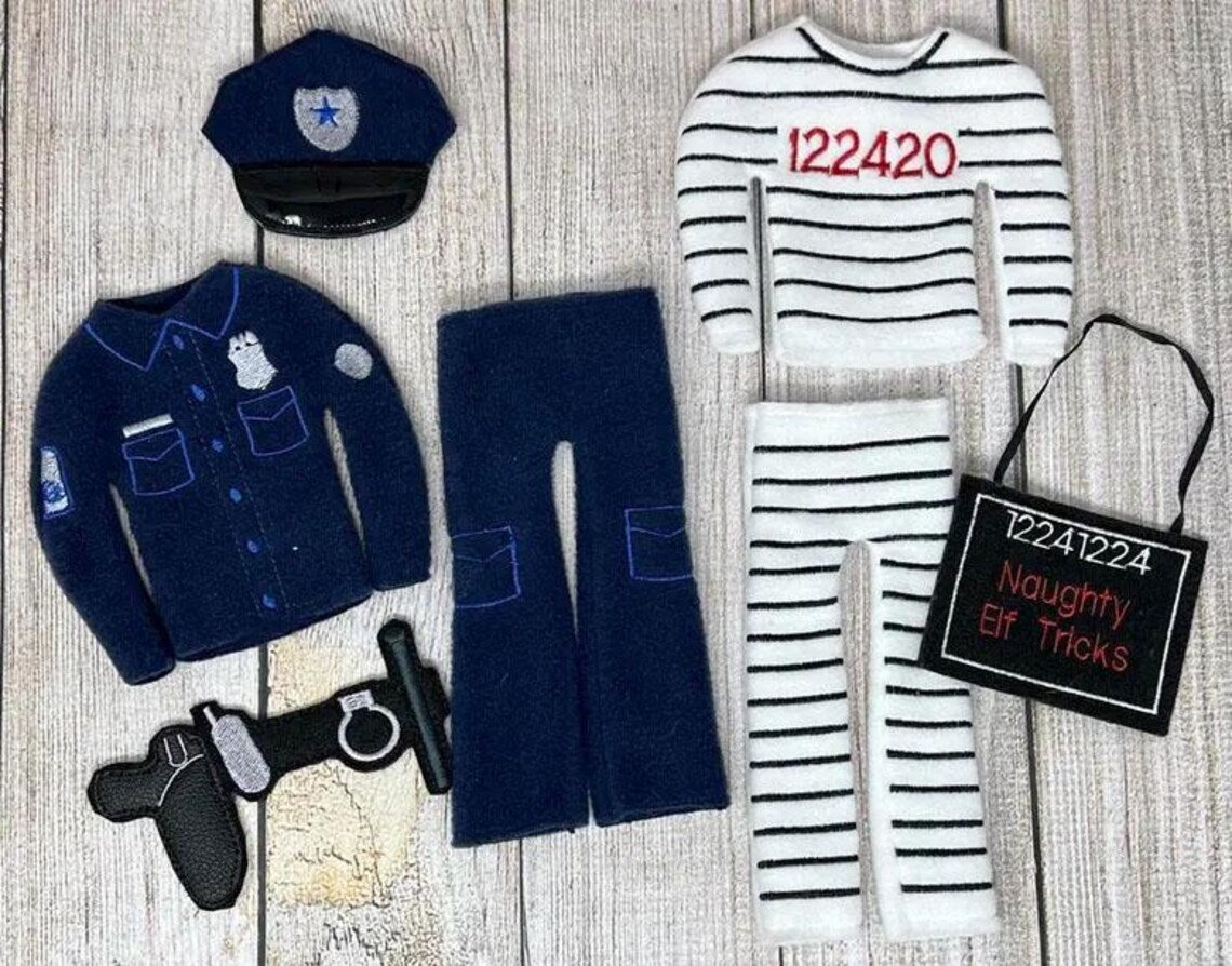 Police and Prisoner Elf Costumes, Naughty Elf Tricks, Doll Clothing, Christmas Elf, Elf Props