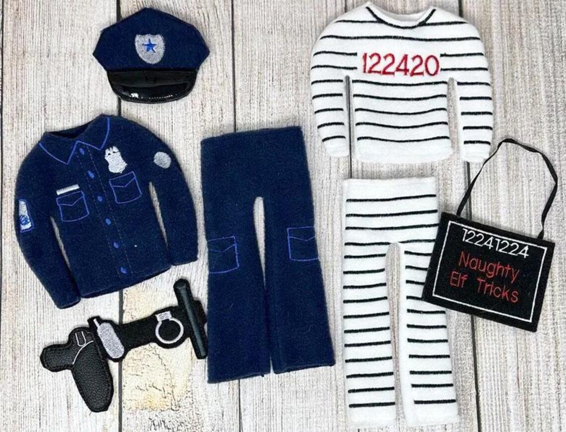 Police and Prisoner Elf Costumes, Naughty Elf Tricks, Doll Clothing, Christmas Elf, Elf Props