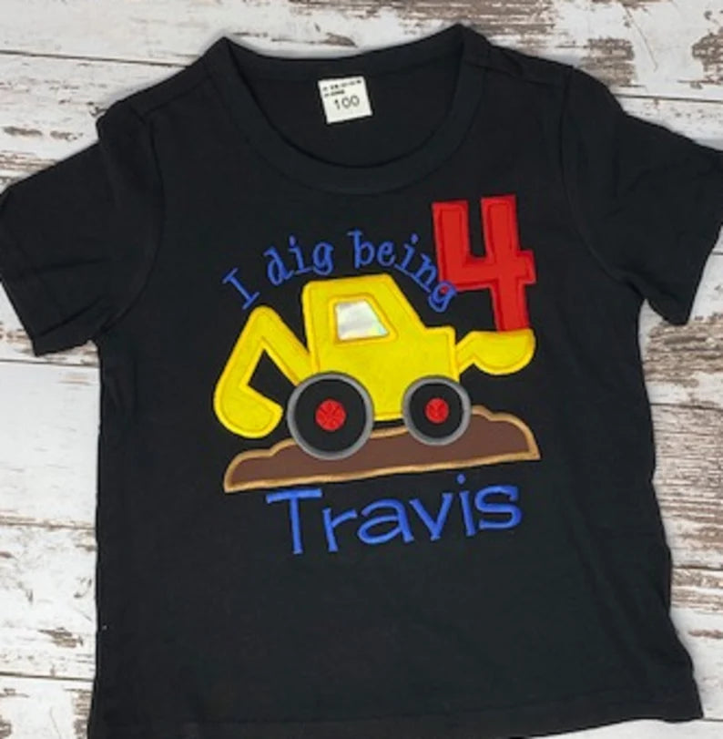 I Dig Being 4 Birthday shirt, 4th Construction Birthday Shirt, Embroidered Loader Birthday Shirt, Backhoe Loader Digger Shirt