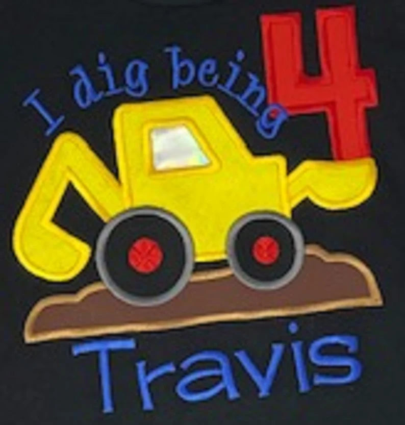 I Dig Being 4 Birthday shirt, 4th Construction Birthday Shirt, Embroidered Loader Birthday Shirt, Backhoe Loader Digger Shirt