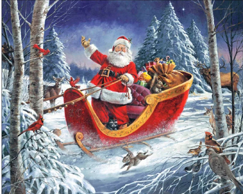 Christmas Parade Fabric Panel 36" x 44", Santa and Sleigh fabric panel, Forest Panel