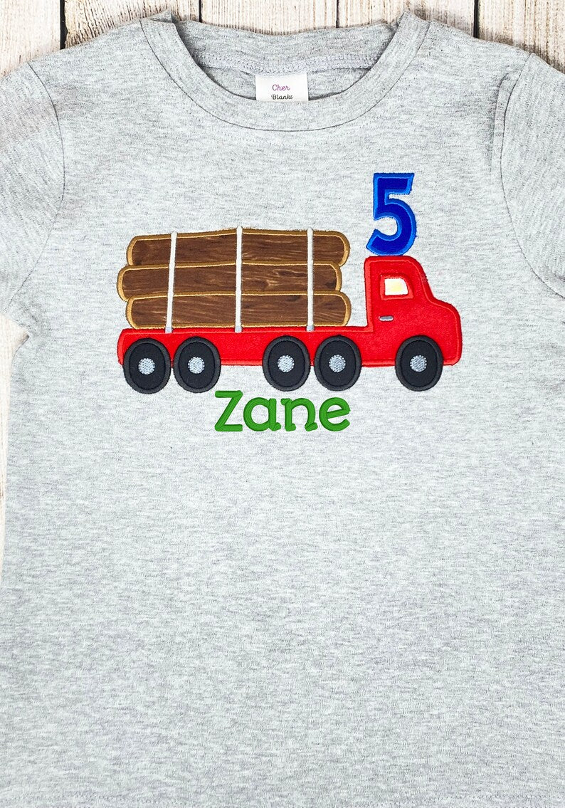 ANY Age ANY Size 5th Birthday Logging Truck Shirt, Boys Birthday Shirt, Truck Shirt