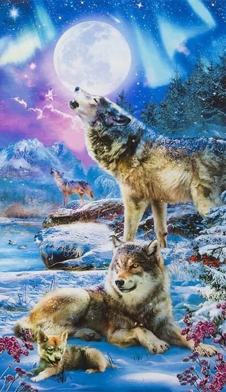 Wolf Fabric Panel, 24"x44", Wolves Howling Under Full Moon, Aurora Borealis Wolves, Wolf Quilt, Wolf Wall Hanging, Cotton Fabric, Fabric