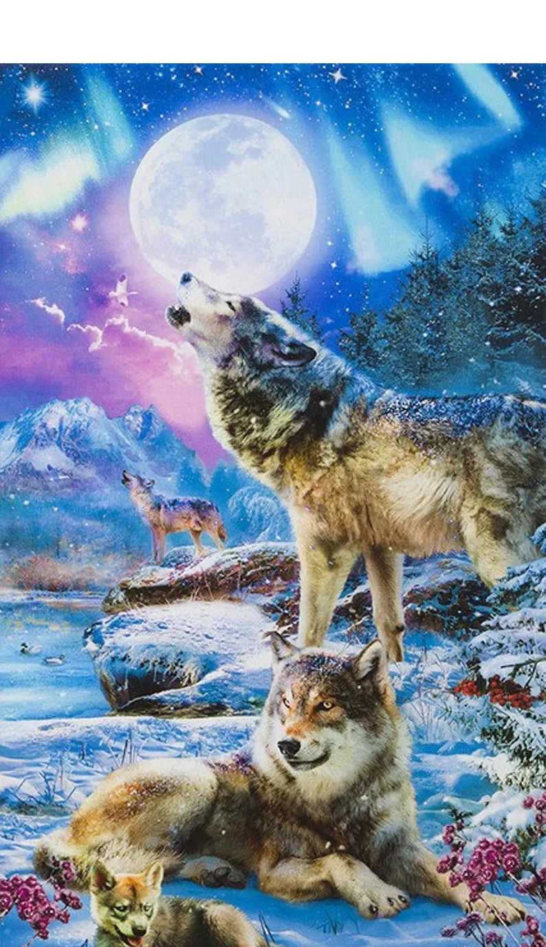 Wolf Fabric Panel, 24"x44", Wolves Howling Under Full Moon, Aurora Borealis Wolves, Wolf Quilt, Wolf Wall Hanging, Cotton Fabric, Fabric