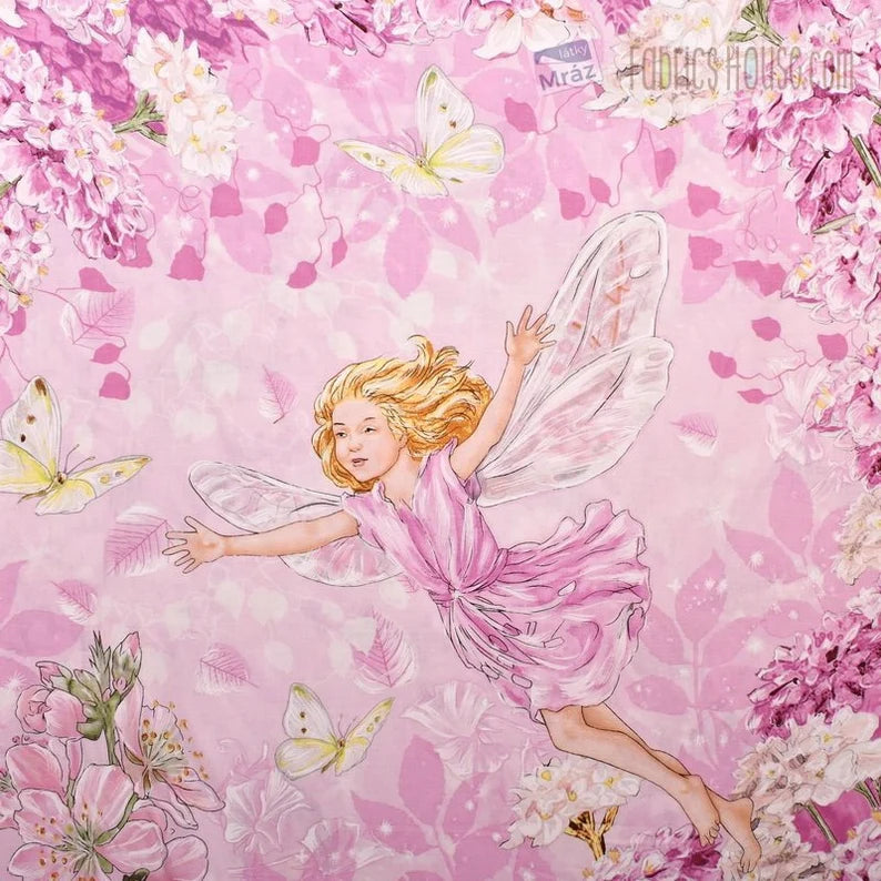 RARE Pink Petal Flower Fairies Cotton Quilt Fabric Panel by Michael Miller 23" x 43"