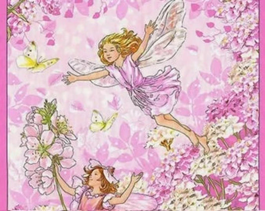 RARE Pink Petal Flower Fairies Cotton Quilt Fabric Panel by Michael Miller 23" x 43"