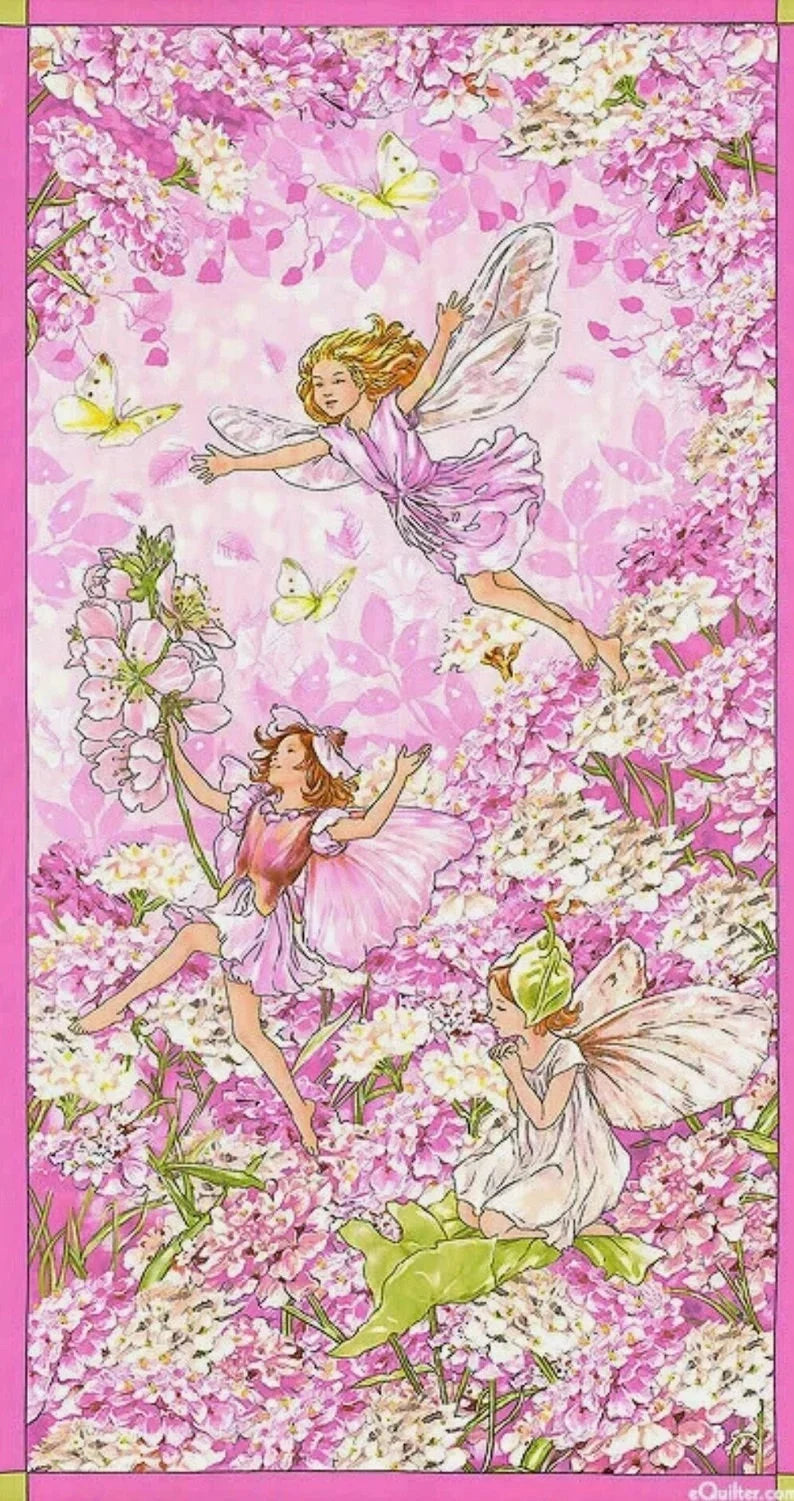 RARE Pink Petal Flower Fairies Cotton Quilt Fabric Panel by Michael Miller 23" x 43"