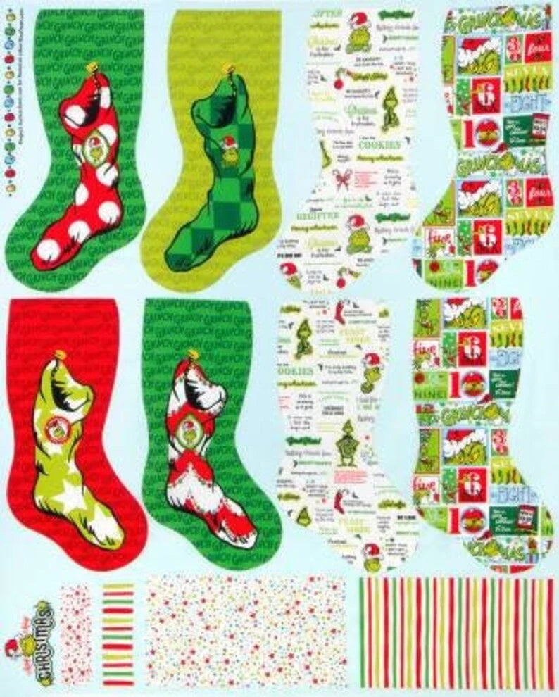 Grinch Stockings Panel 36"x43", Four Stocking on Panel, Grinch Fabric, Christmas Fabric