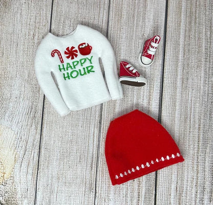 Happy Hour Sweater Skirt Sneakers, Candy Cane Hot Chocolate Peppermint Candies, Elf Doll Sweater, Elf Clothing, Christmas Elf, Elf Props