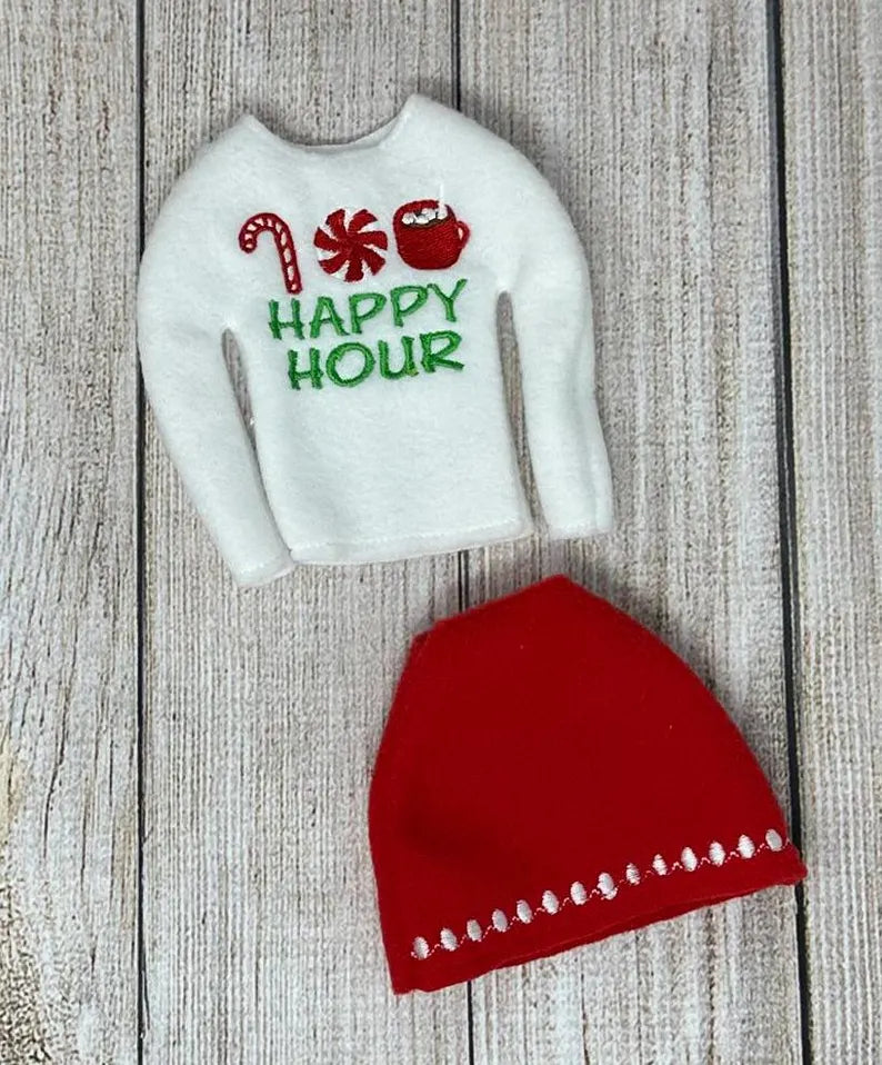 Happy Hour Sweater Skirt Sneakers, Candy Cane Hot Chocolate Peppermint Candies, Elf Doll Sweater, Elf Clothing, Christmas Elf, Elf Props