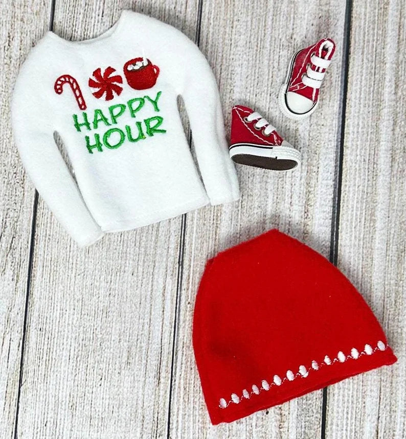 Happy Hour Sweater Skirt Sneakers, Candy Cane Hot Chocolate Peppermint Candies, Elf Doll Sweater, Elf Clothing, Christmas Elf, Elf Props